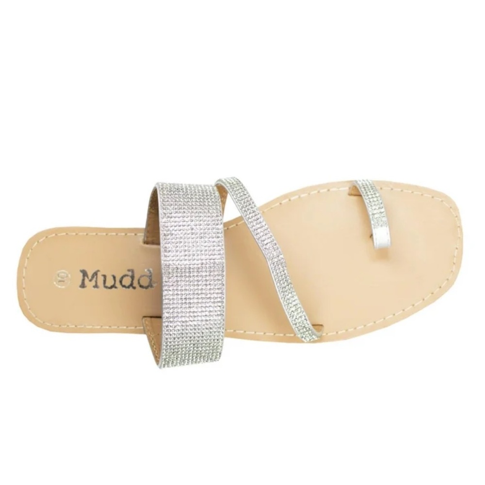 Mudd Silver Rhinestone Flat Slide Sandals w Toe Loop Size 8 NWT - Picture 3 of 11